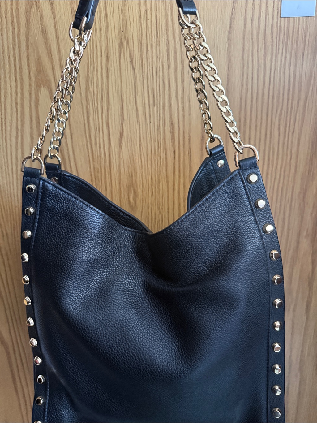 Michael Kors Black Leather Shoulder Bag With Gold Studs And Chain
